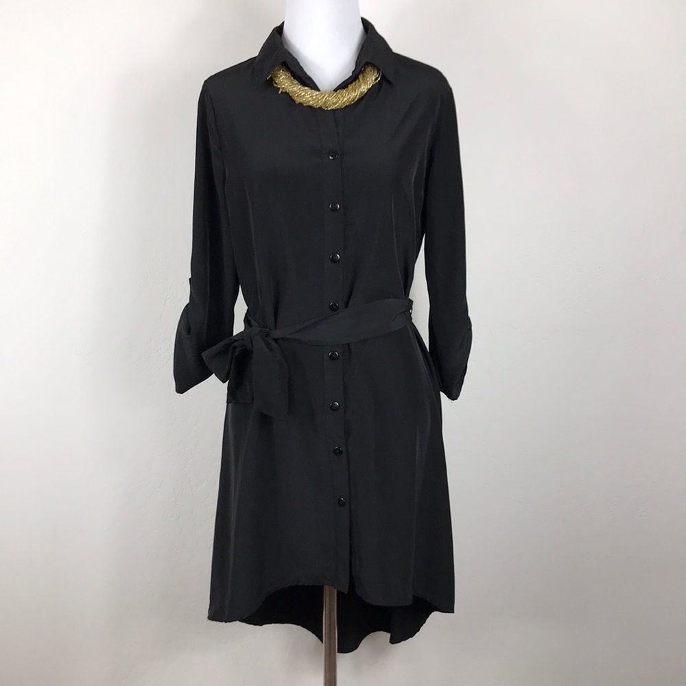 High-Low Black Button Down Dress with 3/4 Sleeves